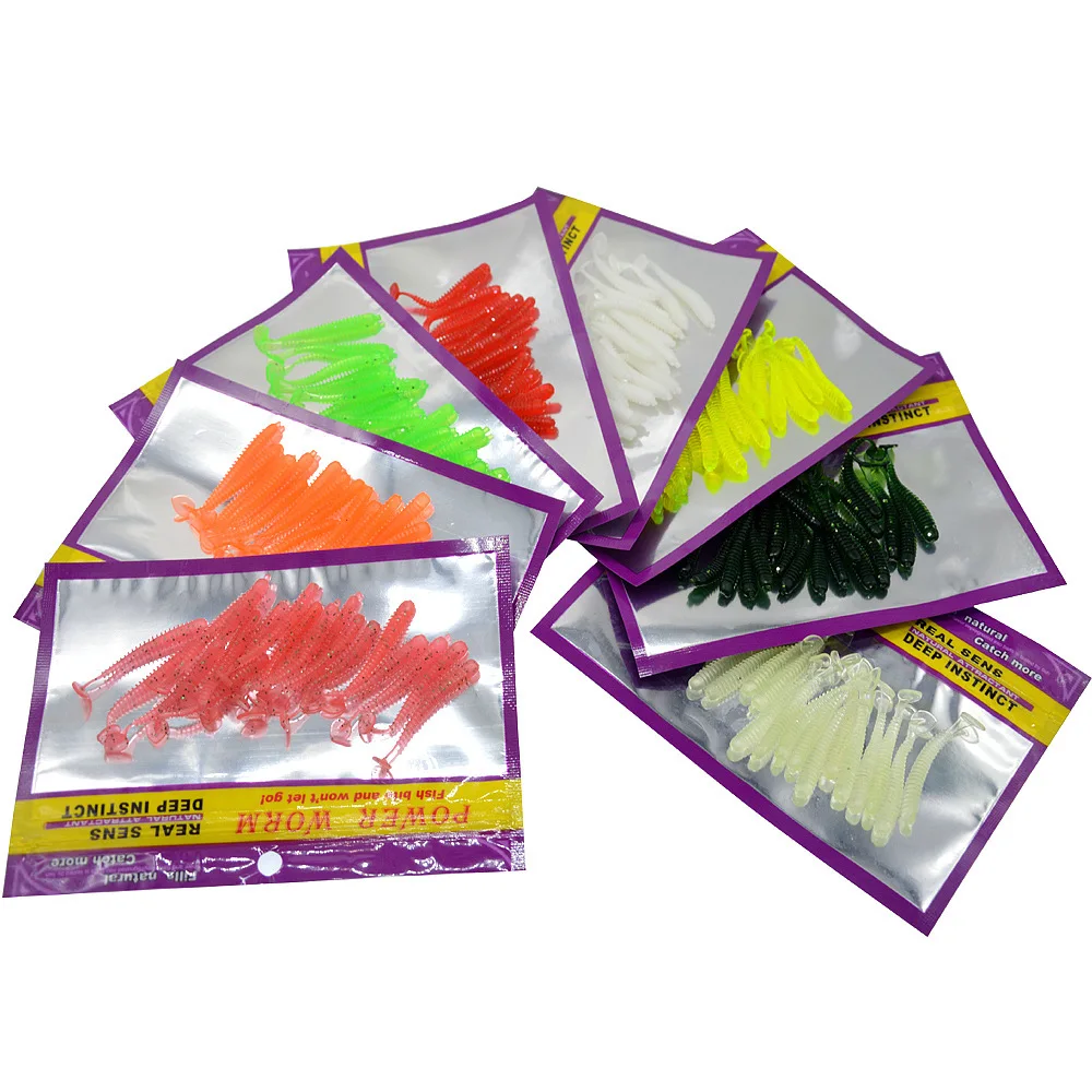 

20pcs/bag soft bait T Tail Wobblers Lure 5cm/0.75g Silicone Artificial Worm Double groove thread lures Swimbait Fishing Tackle, 7 color