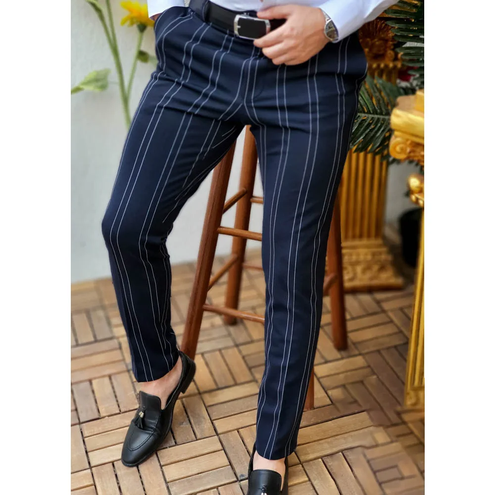 

Men's Pants Striped Trousers Korean Clothing Business Streetwear Slim Fit Suit Male Bottom Fashion Working Black Classic Elastic, Navy,black,grey