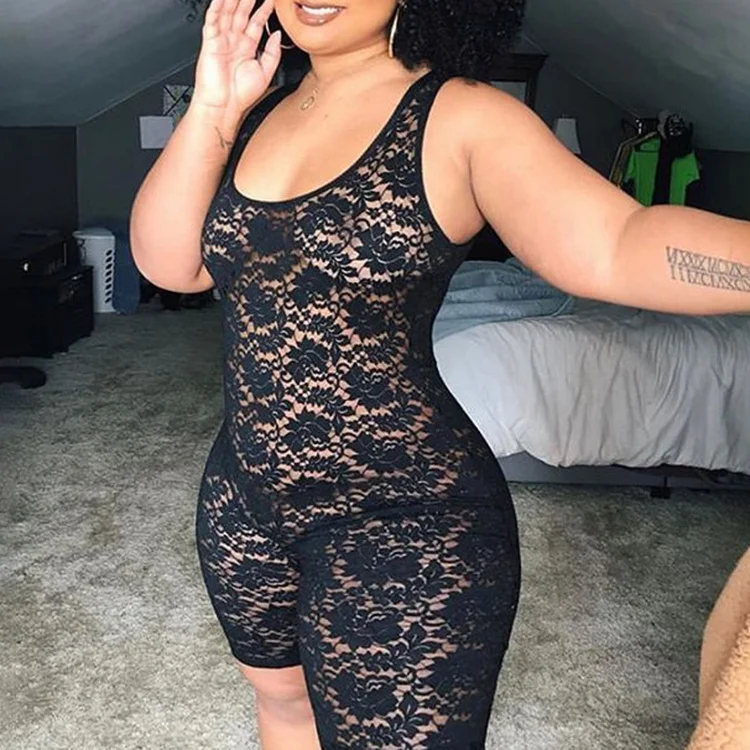 

2021 Women Summer Clothes Sexy See Though Hook Flower Sleeveless Lace Oversize Plus Size Lingerie Women Jumpsuit Shorts Rompers, Black