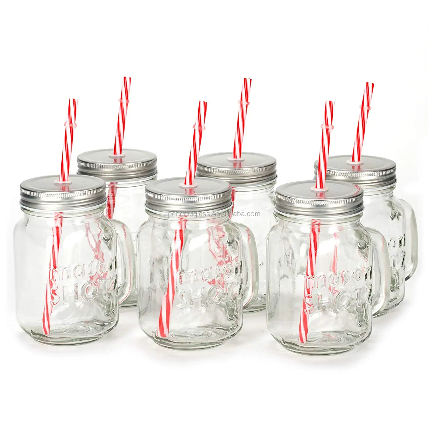 News - Mason Jar Mugs with Handle, Multi Colored Lids and Plastic Straws