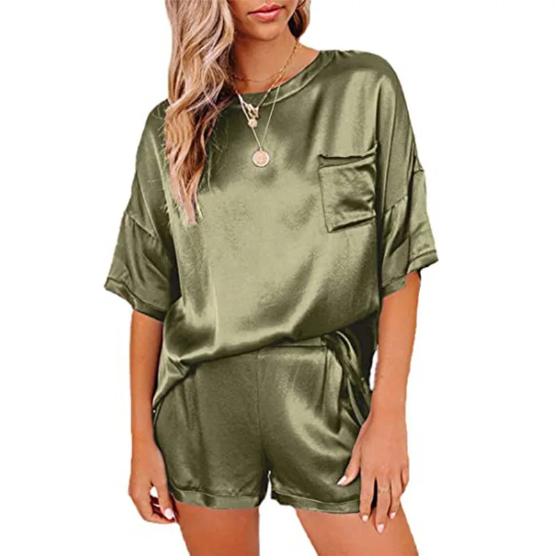 

Women Short Sleeve Casual Sleepwear Loungewear 2PCs Loose Summer Short Home Wear Suit Satin Silk Pj Sets, As pic shown
