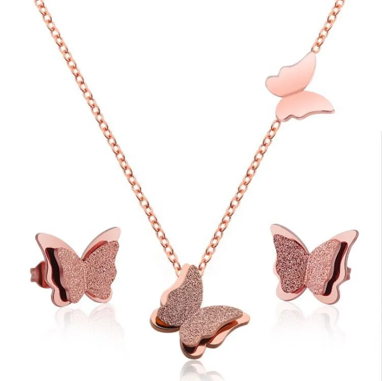 

gold plated butterfly necklace earring jewelry sets stainless steel new design jewelries 2021