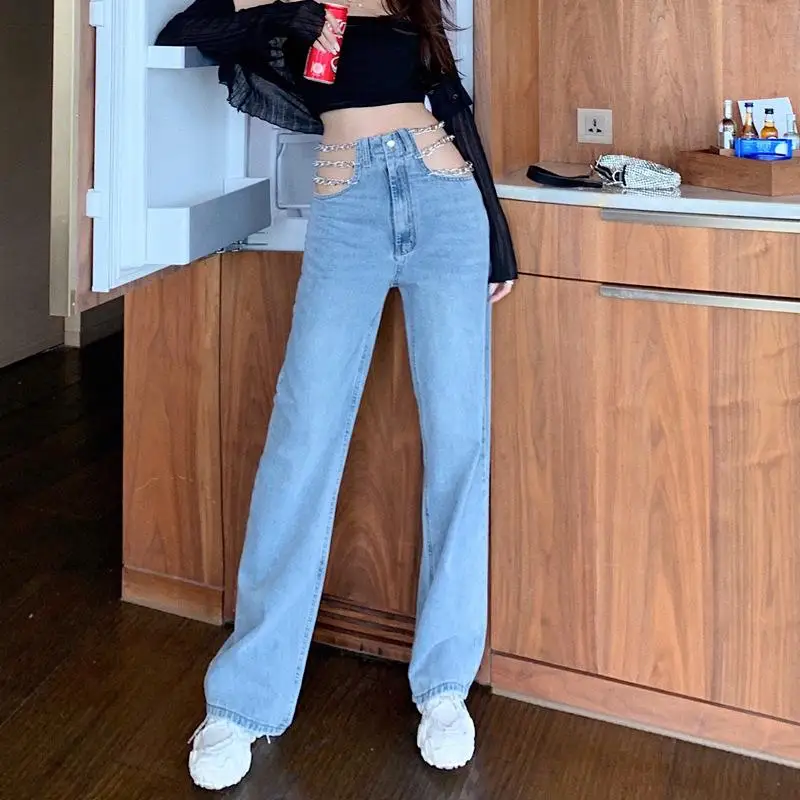 

Yingchao 2021 Hot Fashion Fall New Designer Casual Plus Size High Waist Chain Loose Denim Pants Bandage Jeans For Women