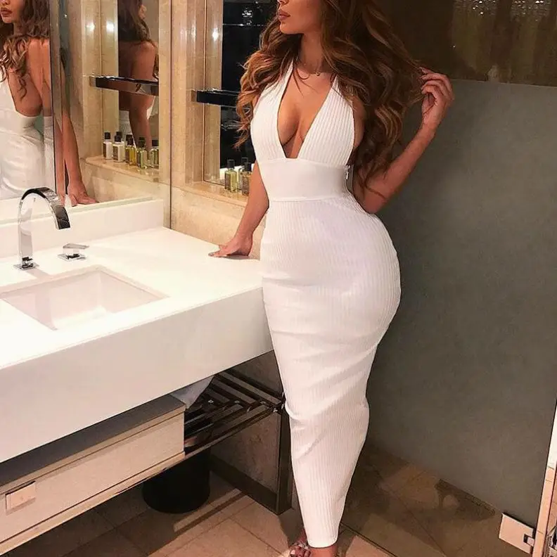 

Popular halter neck deep V-neck open back fashion ladies tight hollow dress