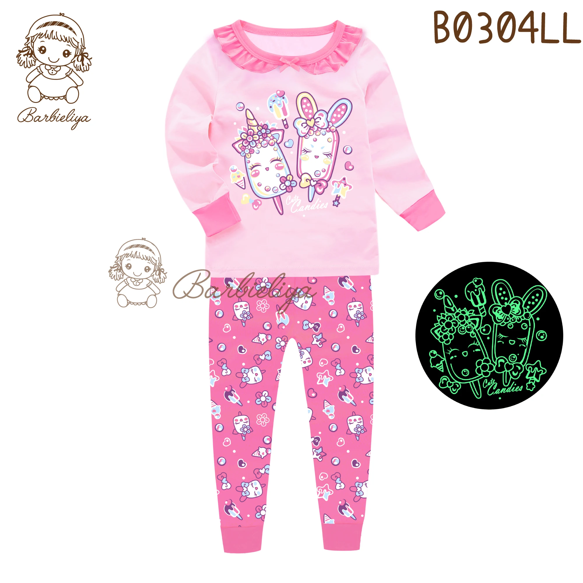 Wholesale Cute Cartoon Short Sleeves Glow In The Dark Girl Pajamas