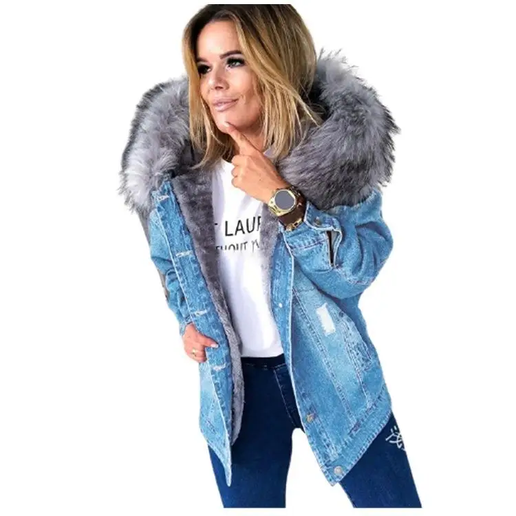 

New Warm Hooded Coat Denim Top Women's Jacket Wool Coat Blue Denim For Plus Size Cardigan Sweater Coat
