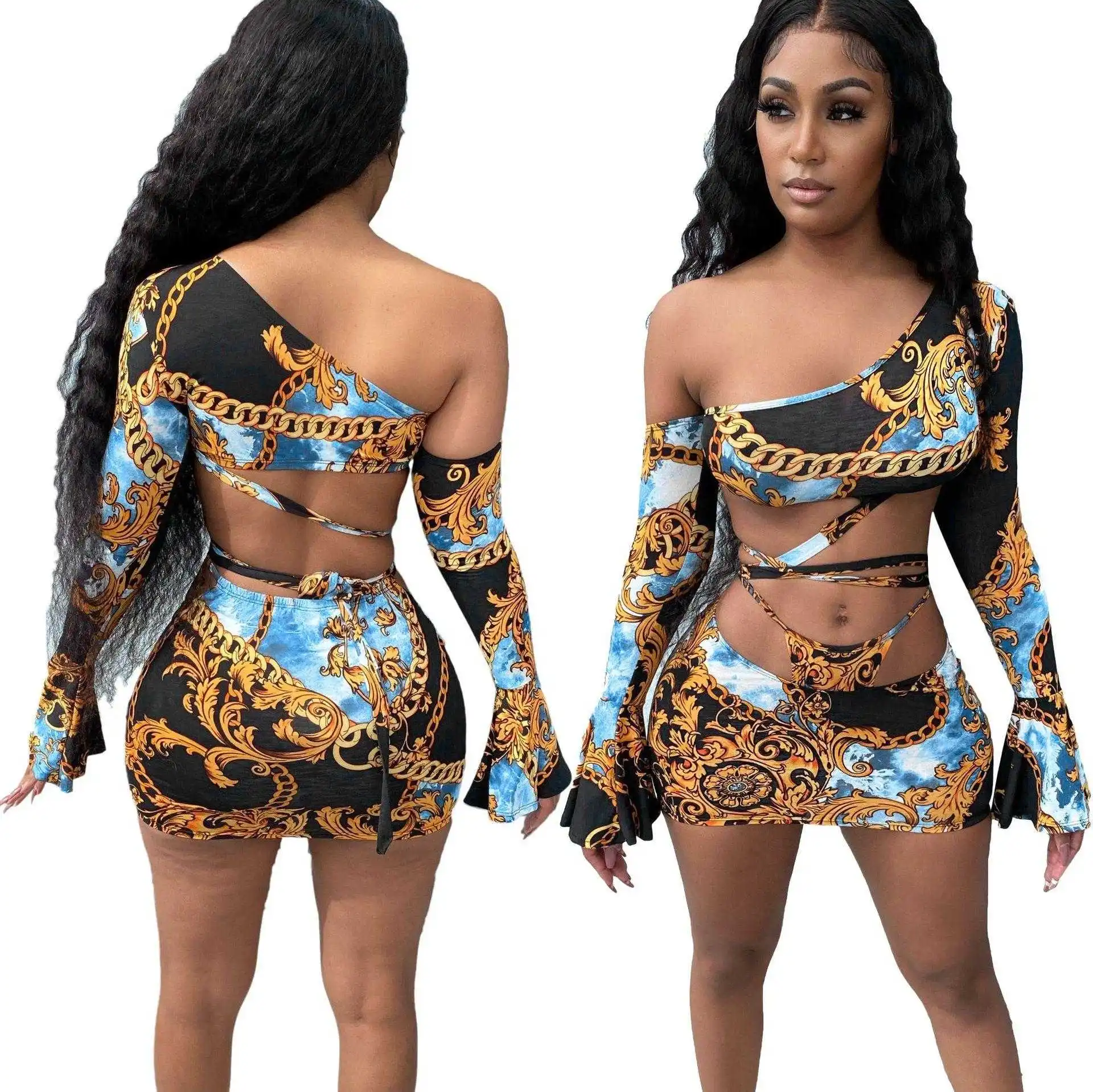 

318 Women Night Club Clothes One Shoulder Long Sleeve Irregular Mini Dress