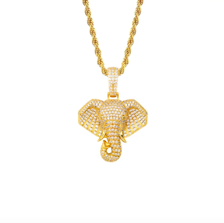 

Jialin jewelry ins hot hiphop high quality iced out vintage cz zircon gold animal elephant pendant necklace