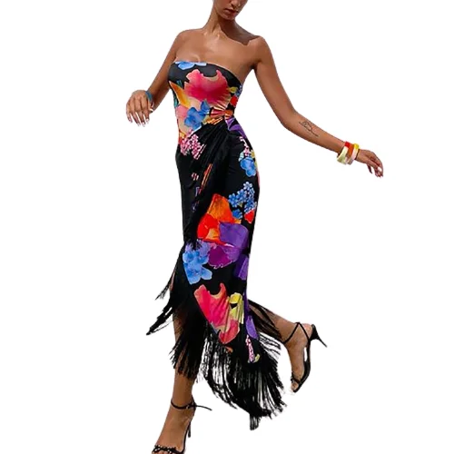 

Autumn and winter women's sexy party printed fringe split chest wrap dress long dress women dress, Picture