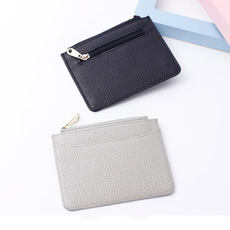 

Hot sale genuine pebbled leather zip coin purse custom slim card wallet for women