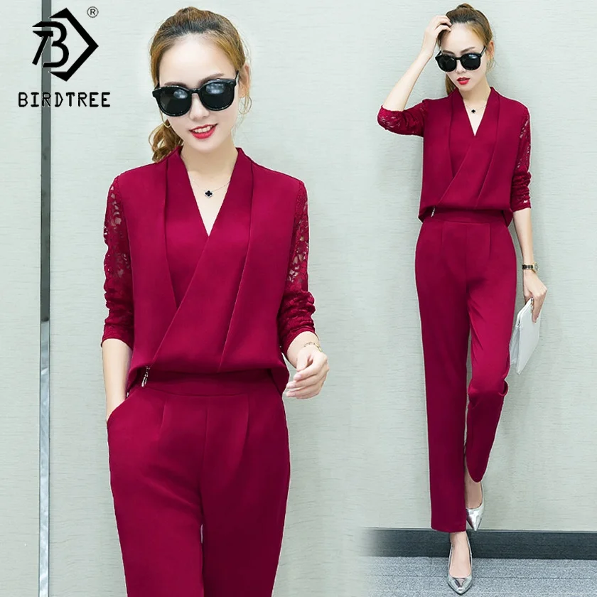 

Stylish Women Suits 2 Piece Set Detachable Jumpsuit Female Long Sleeve Lace Trousers Pants Women Clothing S90806B, Wine red,green,black