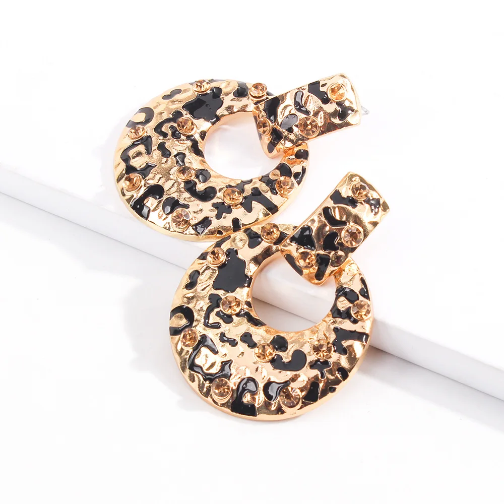 

Fashion simple statement ruond ring metal diamond leopard earrings for women 2021