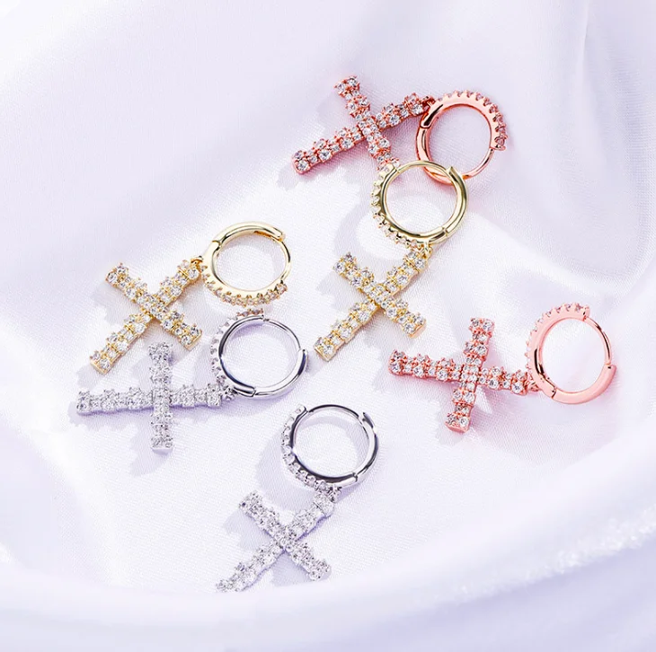 

jialin jewelry 2020ins Hot Sale iced out Hip Hop gold plated dangling cross hoop earrings