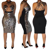 

CD8193 - women trendy halter sequin sleeveless bodycon dress