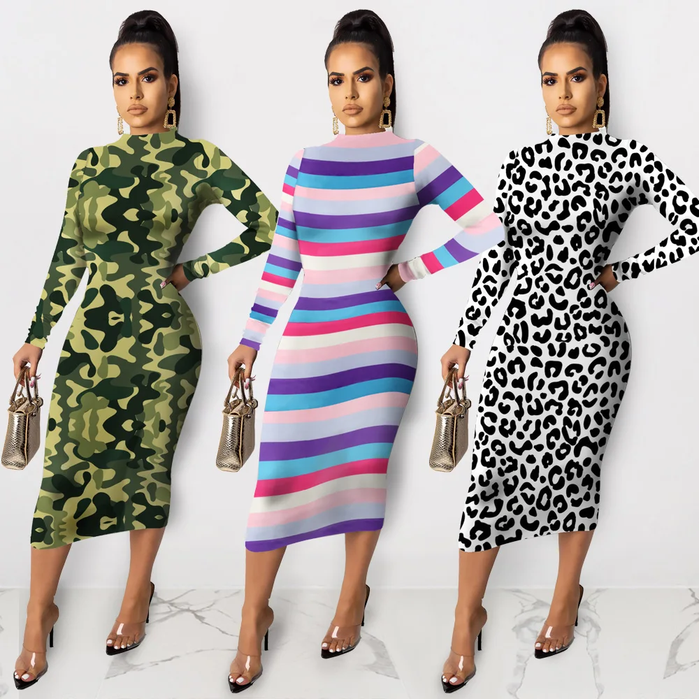 Sexy turtleneck leopard camouflage print long sleeve dress women party bodycon dresses