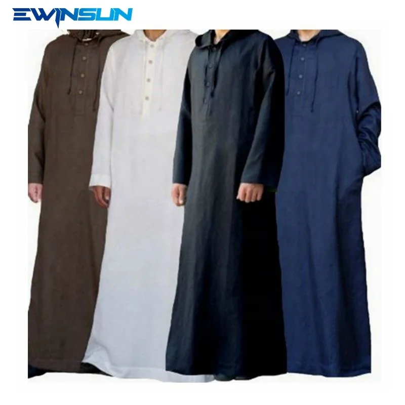 

Arabic style simple long men's hooded shirt Casual Muslim robe Solid color long sleeves loose Islamic Muslim hoodie thobe