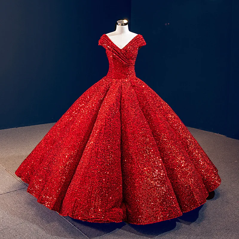 

V-neck sequins off- shoulder evening dress lace big ball gown bride dress for wedding & party, As shown