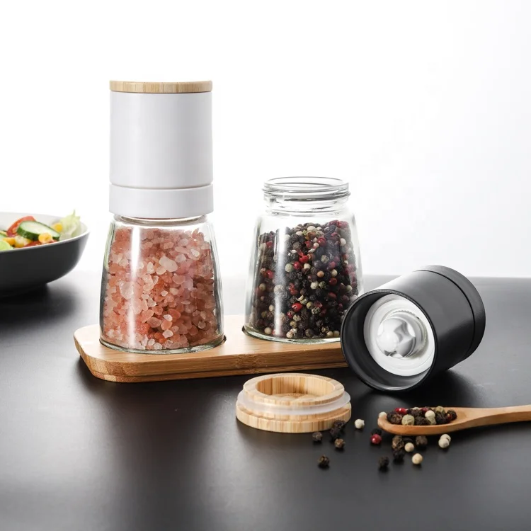 

Wholesale High Quality Amazon Top Seller 2021 Wood Salt and Pepper Grinder Set with Spice Glass Jar and Bamboo Base