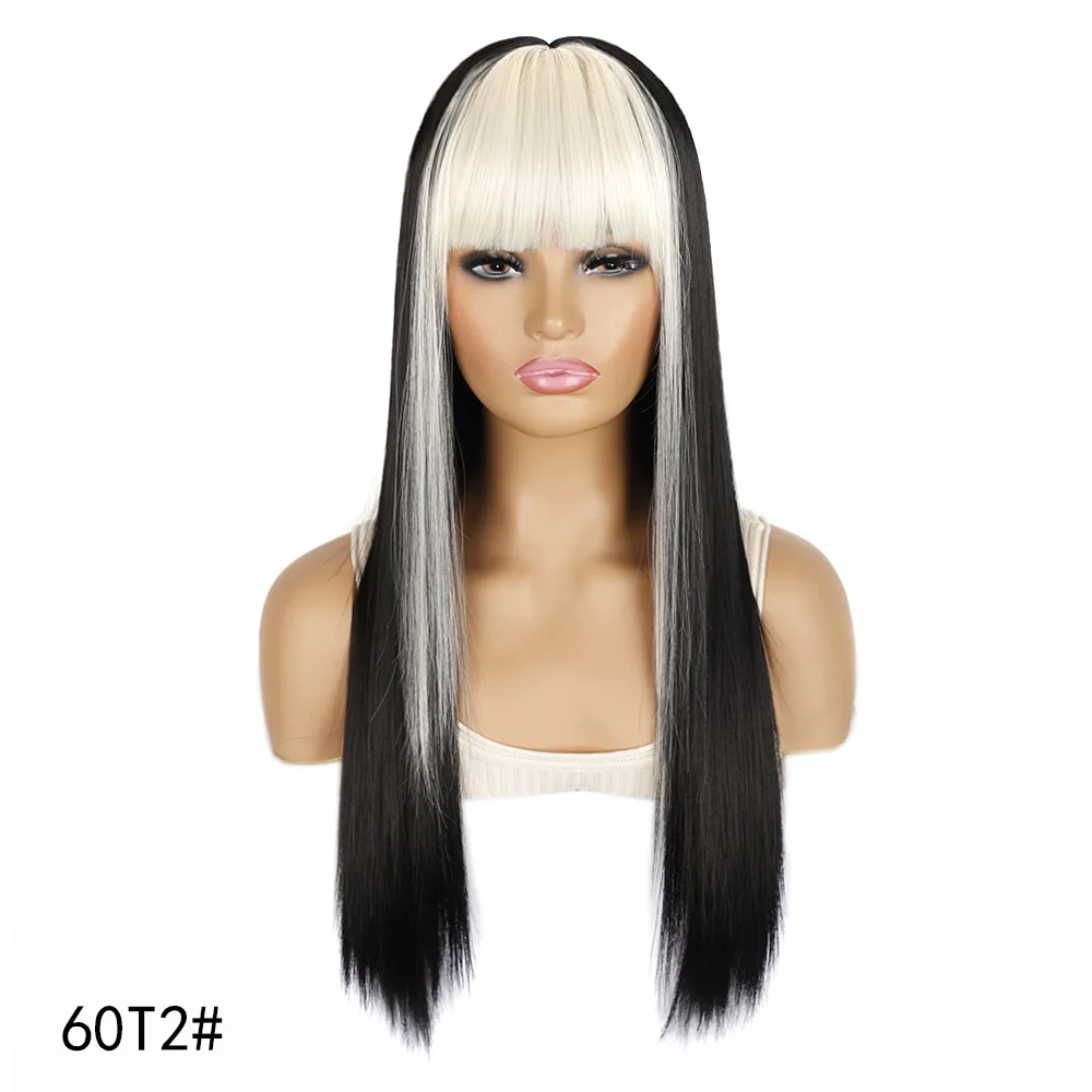 

SHI SHENG Best Selling Cosplay Two Tone Color Long Straight Black And Beige White Wig With Bangs for Women, 61ct2#/04ct2#/73ct2#/30t2#/2312t2#/60t2#