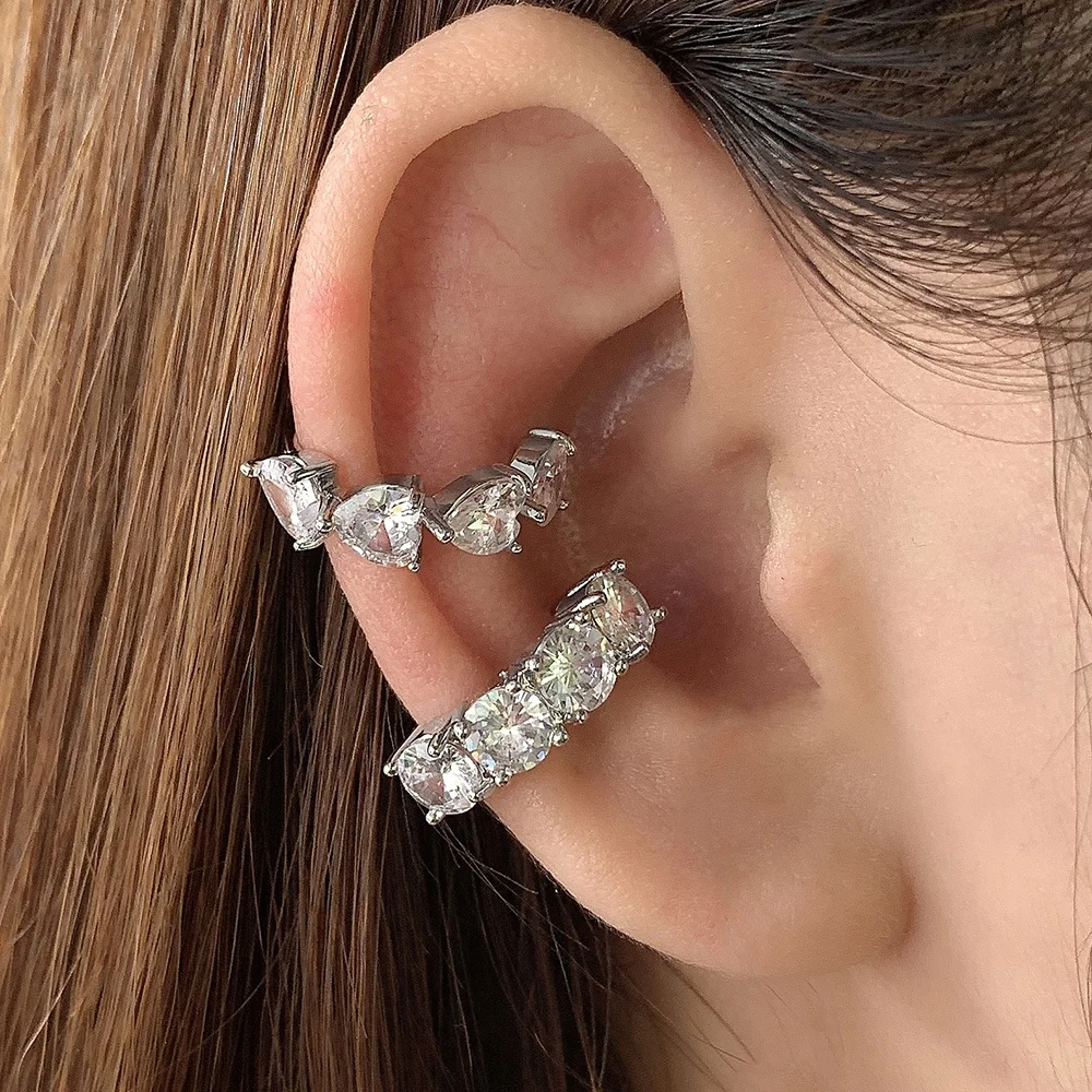 

Korean Silver Gold Plated Jewelry Iced Out Heart Rhinestone Diamond Ear Cuff Earrings