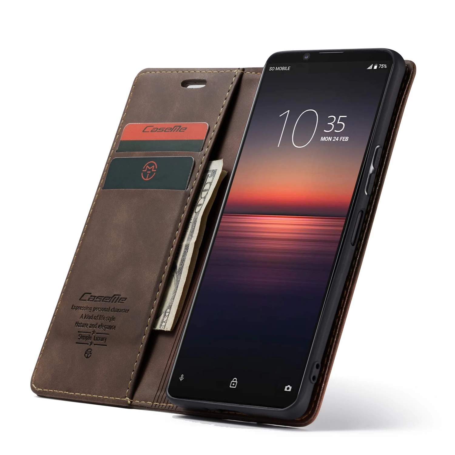 

CaseMe Luxury Leather Cover for Sony Xperia 1 II Phone Case Standing Fold Cover Cellphone for Moto E6 Play E6Plus Wallet Case, Coffee, brown, rose, blue,black
