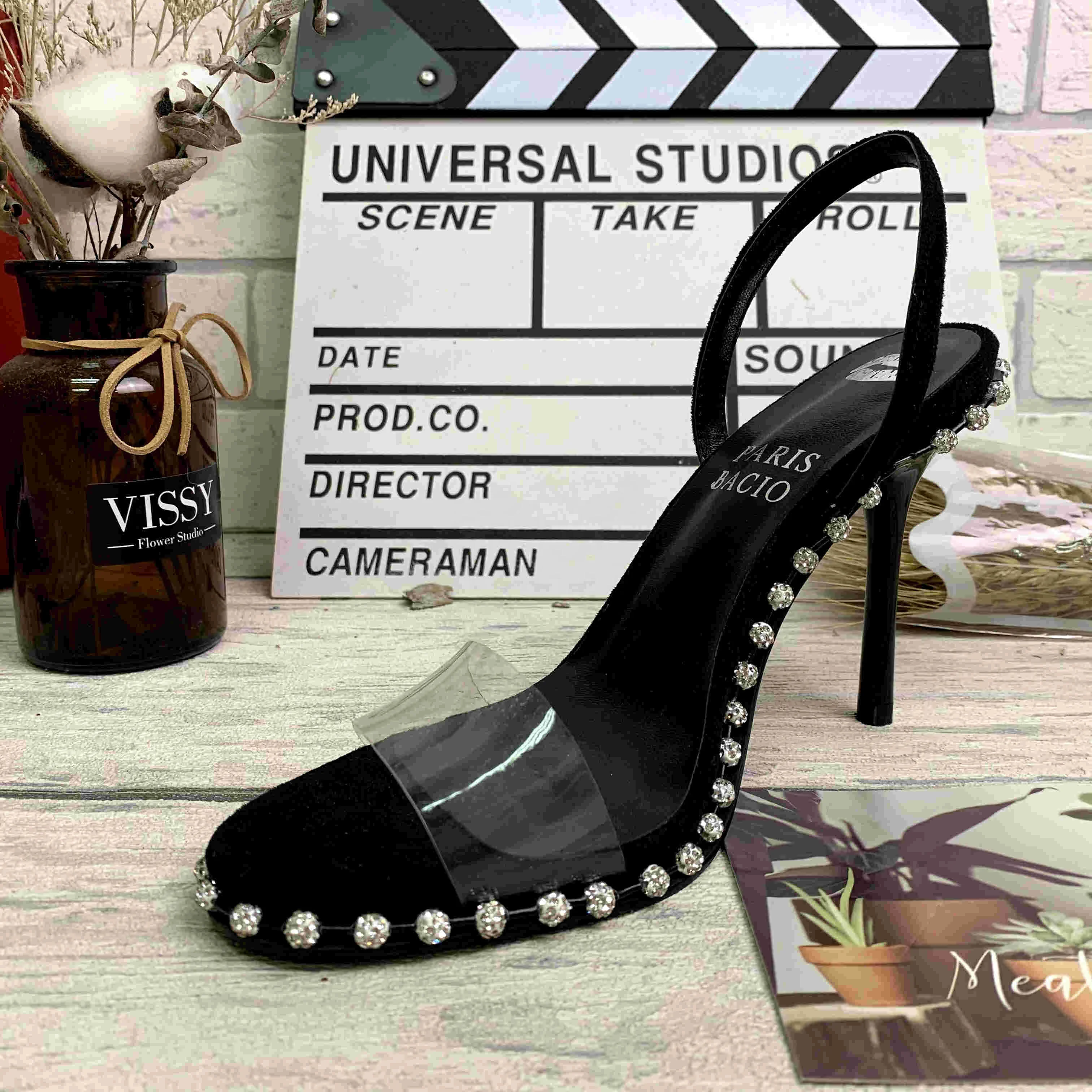 

2021 spring new transparent one-line edge diamond women's stiletto high heels European and American large size wholesale, Black