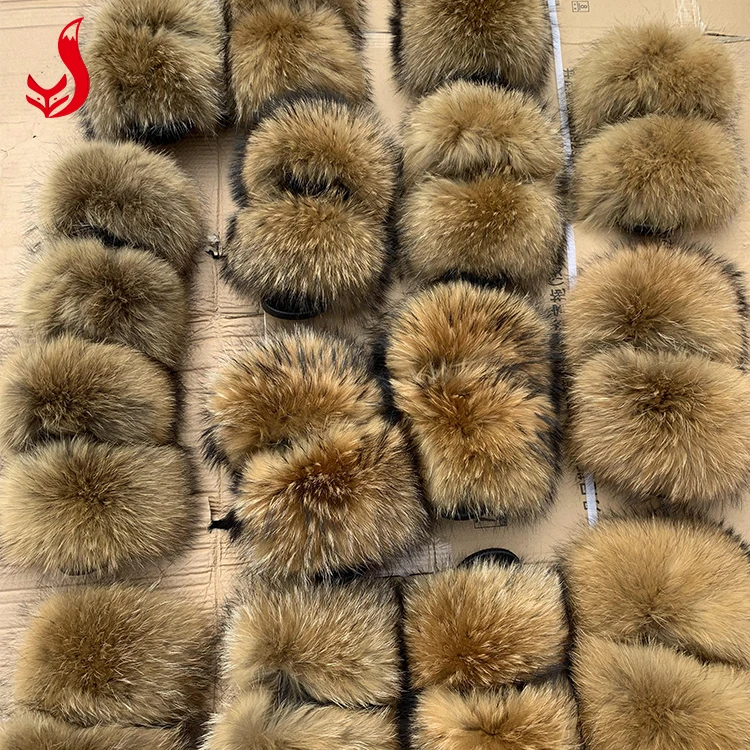 
Wholesale women big real natural fluffy black brown raccoon fur slides slipper for lady and kids 