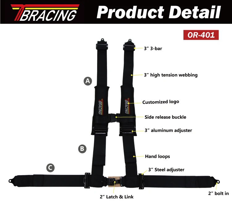 OEM ODM Taiwan made TBRACING UTV stuff 3 inch strap 4 point racing harness safety seat belt
