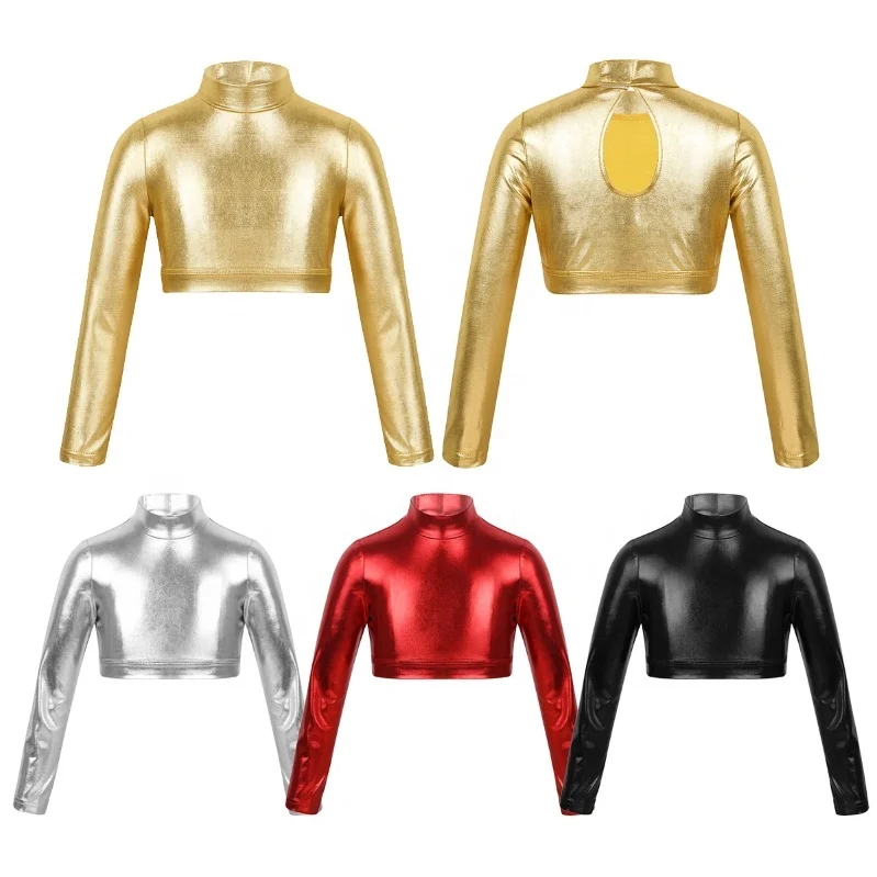 

Kids Girls Long Sleeves Metallic shinny Tops Crop Top Dancing Stage Performance Wear