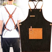 

YOUYUE Leather Strap Apron Work Uniform Cook Barista Baker Fabric Apron