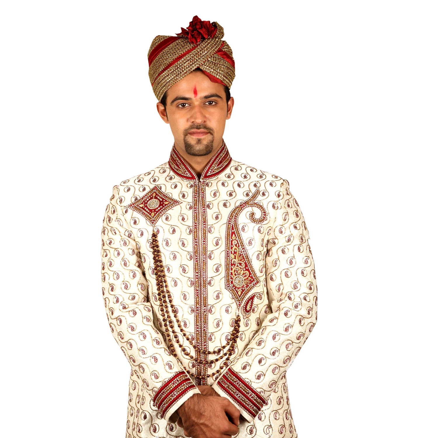 
Royal Indian Wedding White Sherwani For Men Hand Worked With Jarkan Diamonds Golden Cora Nakshi And Resham Work With Highlight 