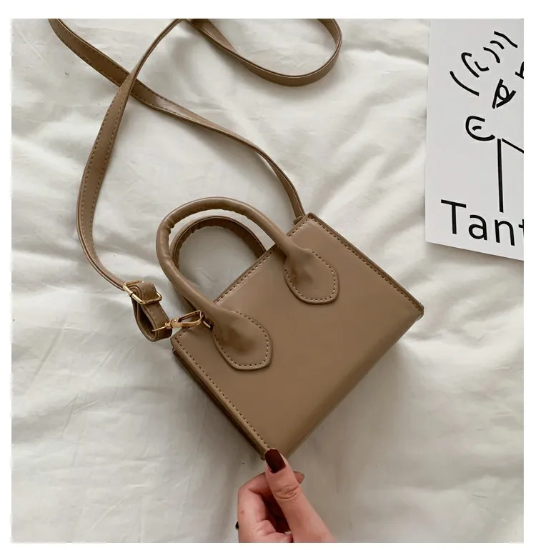 

2021 trend top quality PU leather mini crossbody purse bag, handle clutch handbag for kids and girls_ light brown, 5 colors
