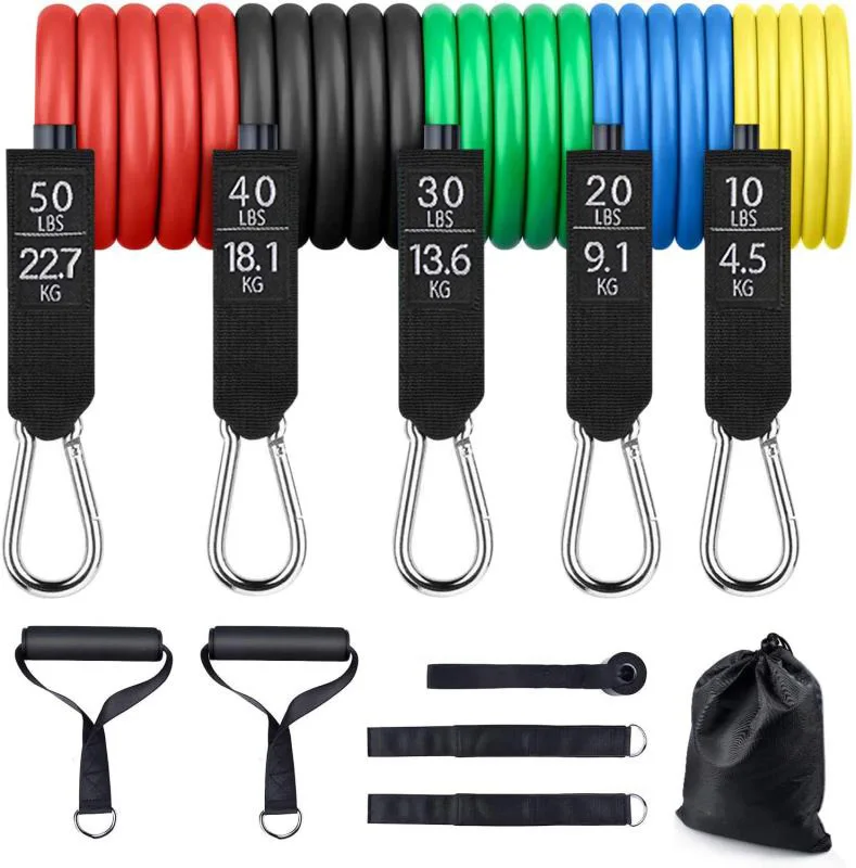 

wholesale custom Logo gym exercise ankle fitness rubber strong bar yoga 11Pcs resistance bands set with handles, Red yellow green blue black