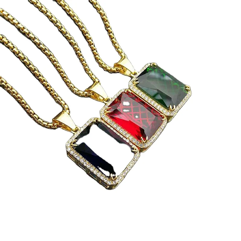 

Blues RTS Hip Hops stainless Steel gold plated rectangular gem pendant necklace for hip hop men women jewelry