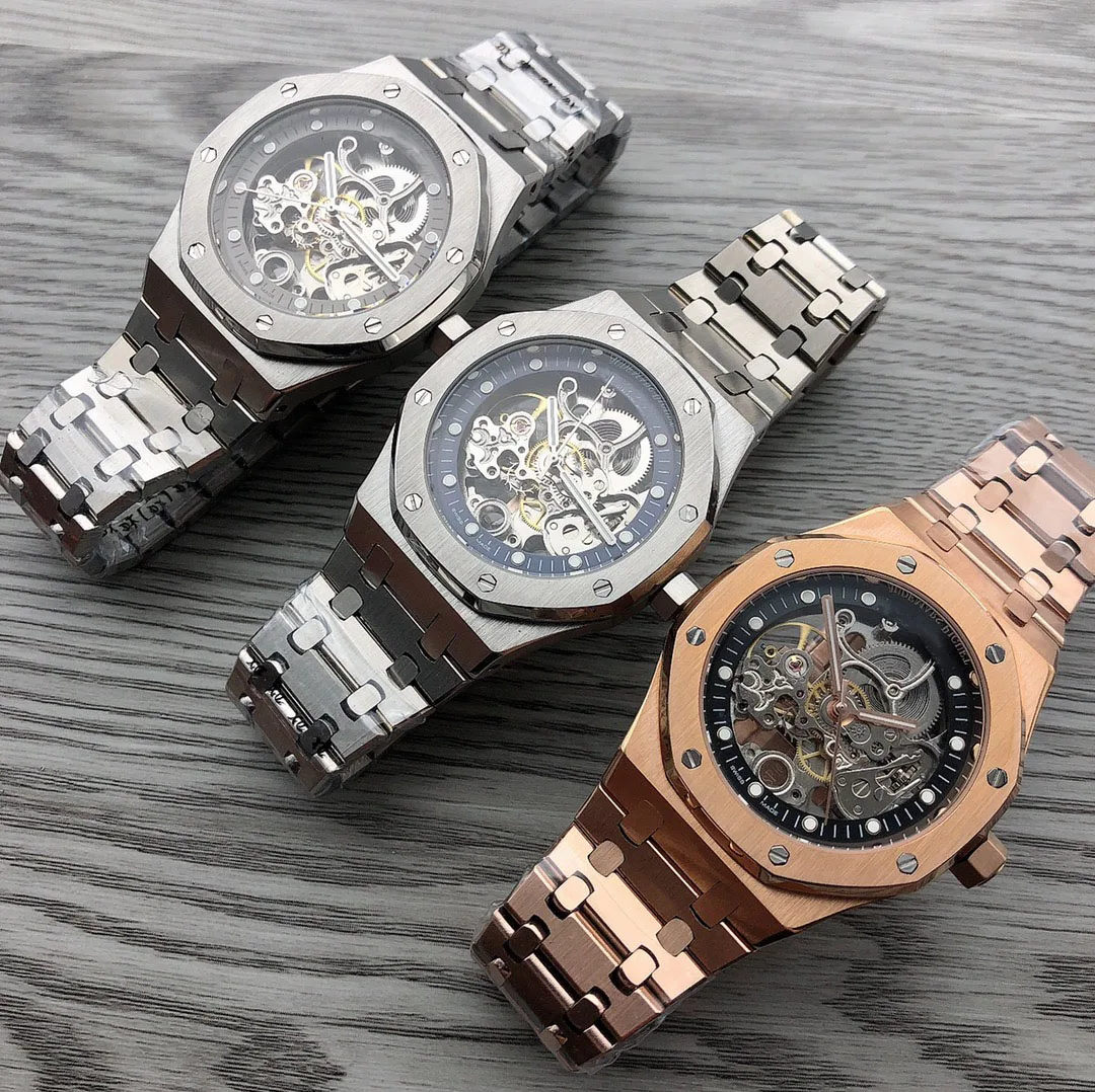 

Oak gold case hollow-carved dial design visible movement automatic mechanical sport watch