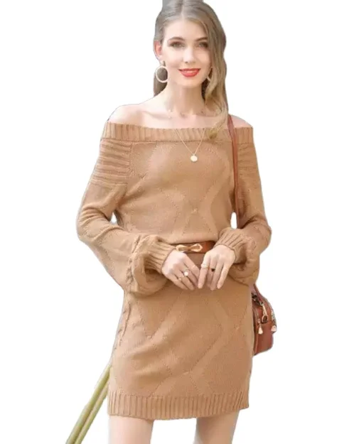 

2020 New Arrivals women sexy off shoulder Lantern Sleeve Fashion knit ladies long sleeve sweater dress