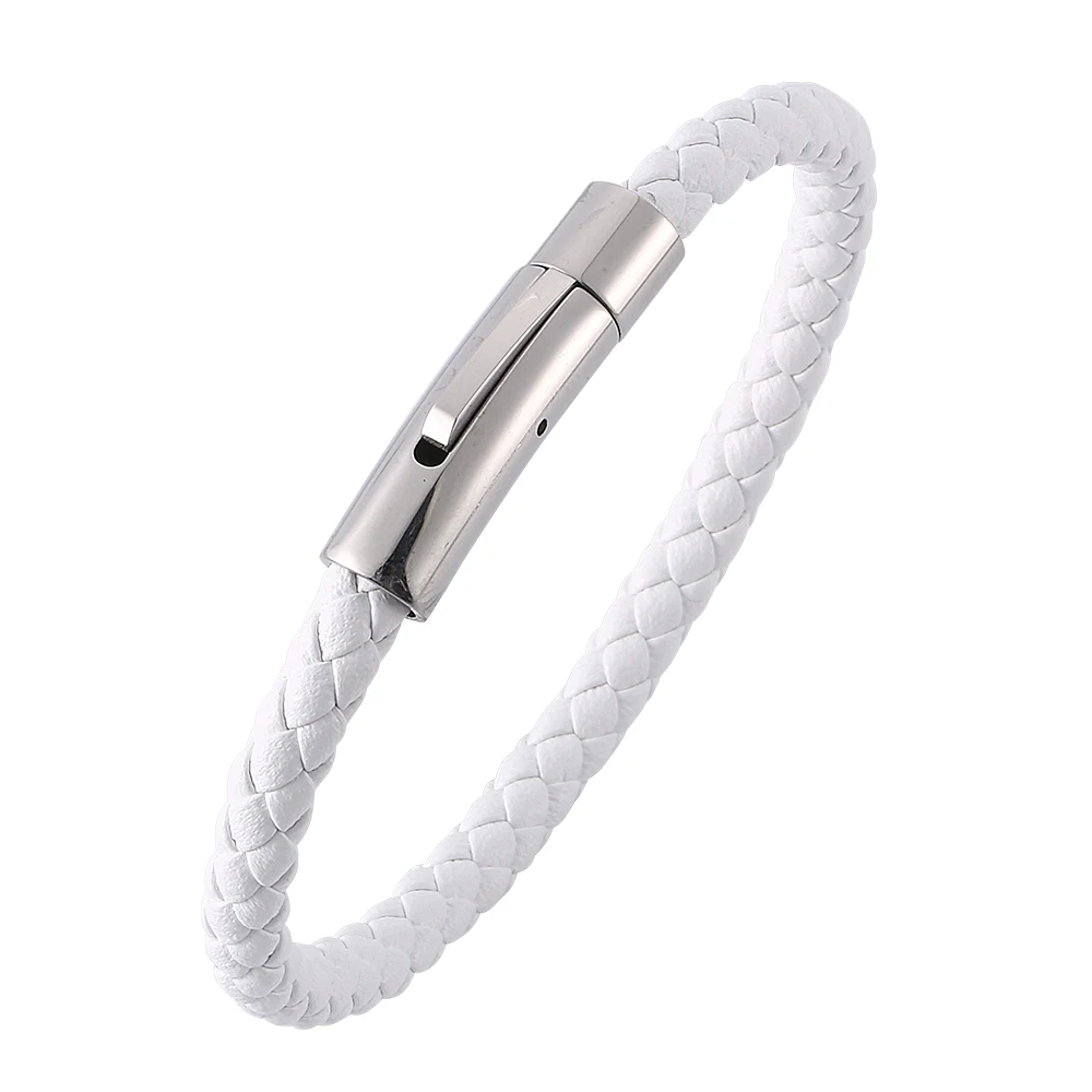 

White Braided Leather Bracelet Men Women Jewelry Stainless Steel Exquisite Snaps Fashion Bracelets & Bangles PH517