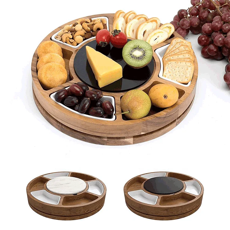 

New Design Rotating Acacia Wood Round Serving Platter Cheese Board With 2 Knife Marble Plate 3 Ceramic Bowls, Natural bamboo