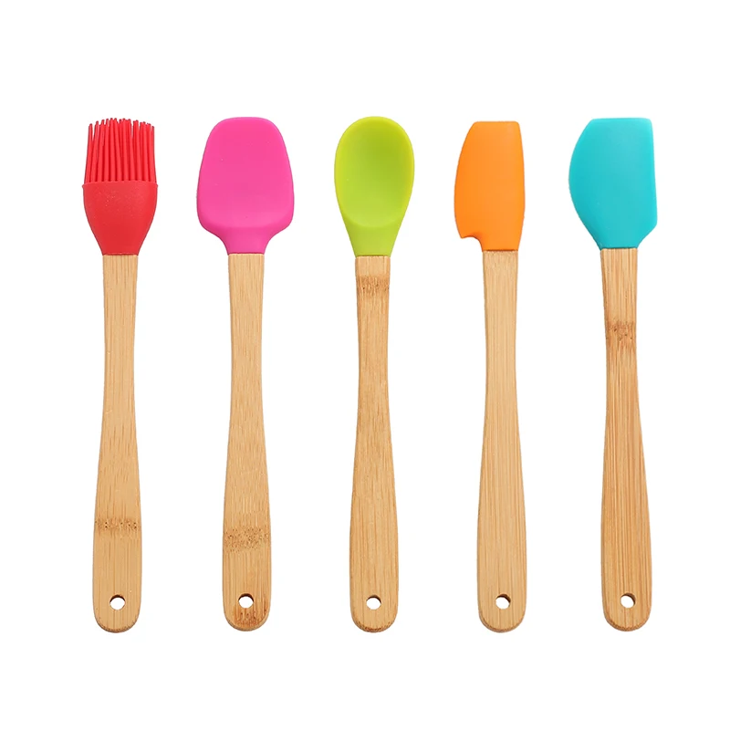 

America hot selling unique design 5Piece Silicone Mini Utensil Set with Wood Handle, Customized color