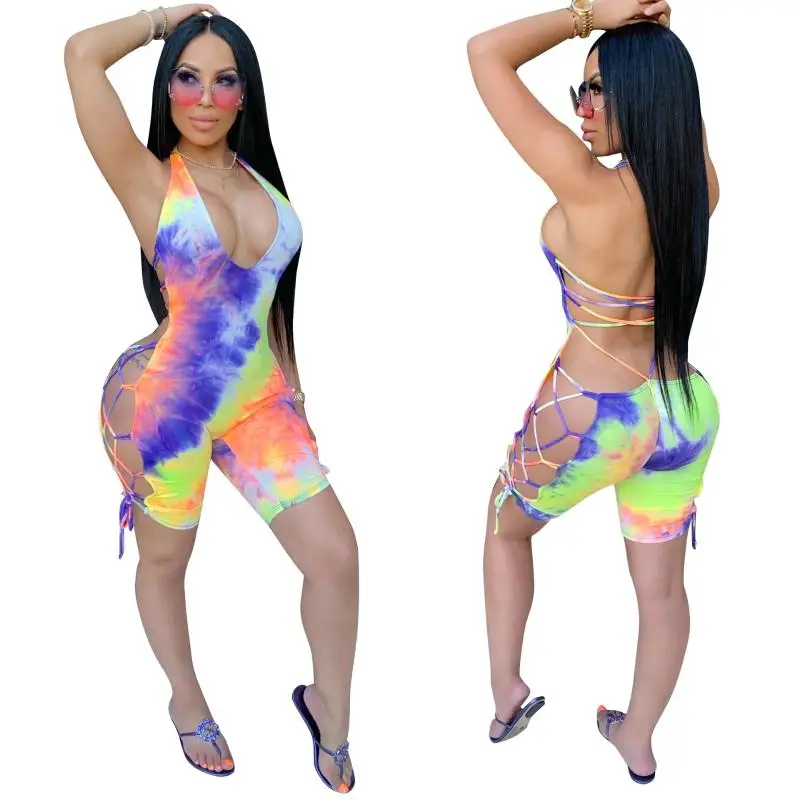 

2021 Women Jumpsuit Bandage Halter Tie Dye Deep V Neck Backless Short Sexy One Piece Bodycon Jumpsuit For Women