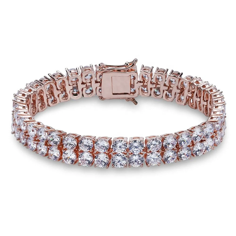 

10m 8in Hip-Hop Bracelets 2 Rows Gold Silver AAA Cubic Zirconia Paved All Iced Out Tennis Bling Lab CZ Stones Bracelet for Gift, Gold/silver/rose