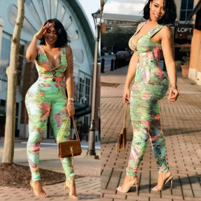

New Fashion Plus Size Deep V Sexy Summer Print Bandage Rompers Womens Jumpsuit Women