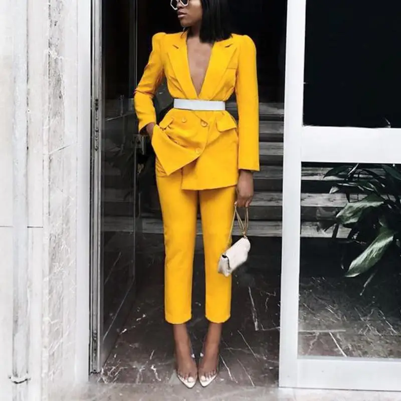 

Blazer Feminino Conjunto Pantalone Double Breasted Notched Collar Office Ladies Blazer Pocket Long Sleeve Pant Suits