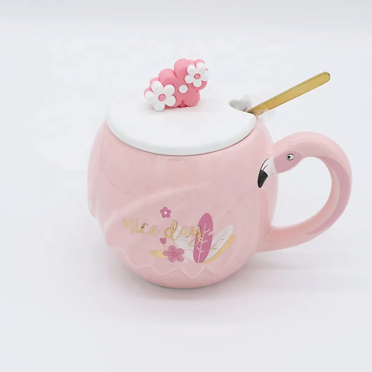 

Popular Pink flower pattern flamingo shape Porcelain Cup Colorful Coffee Milk Cup With Spoon