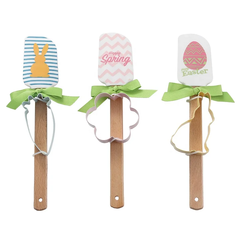 

Unique design in stock 2pcs silicone baking set easter spatula and cookie cutter set with ribbon bunny flower carrot, Multi color