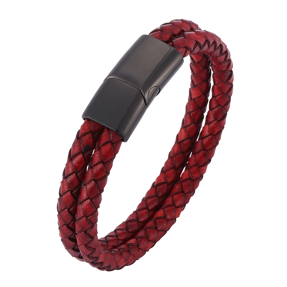 

Jewelry Punk Antique Red Double Braided Leather Bracelet Stainless Steel Magnetic Clasp Male Wristband Gifts SP0510