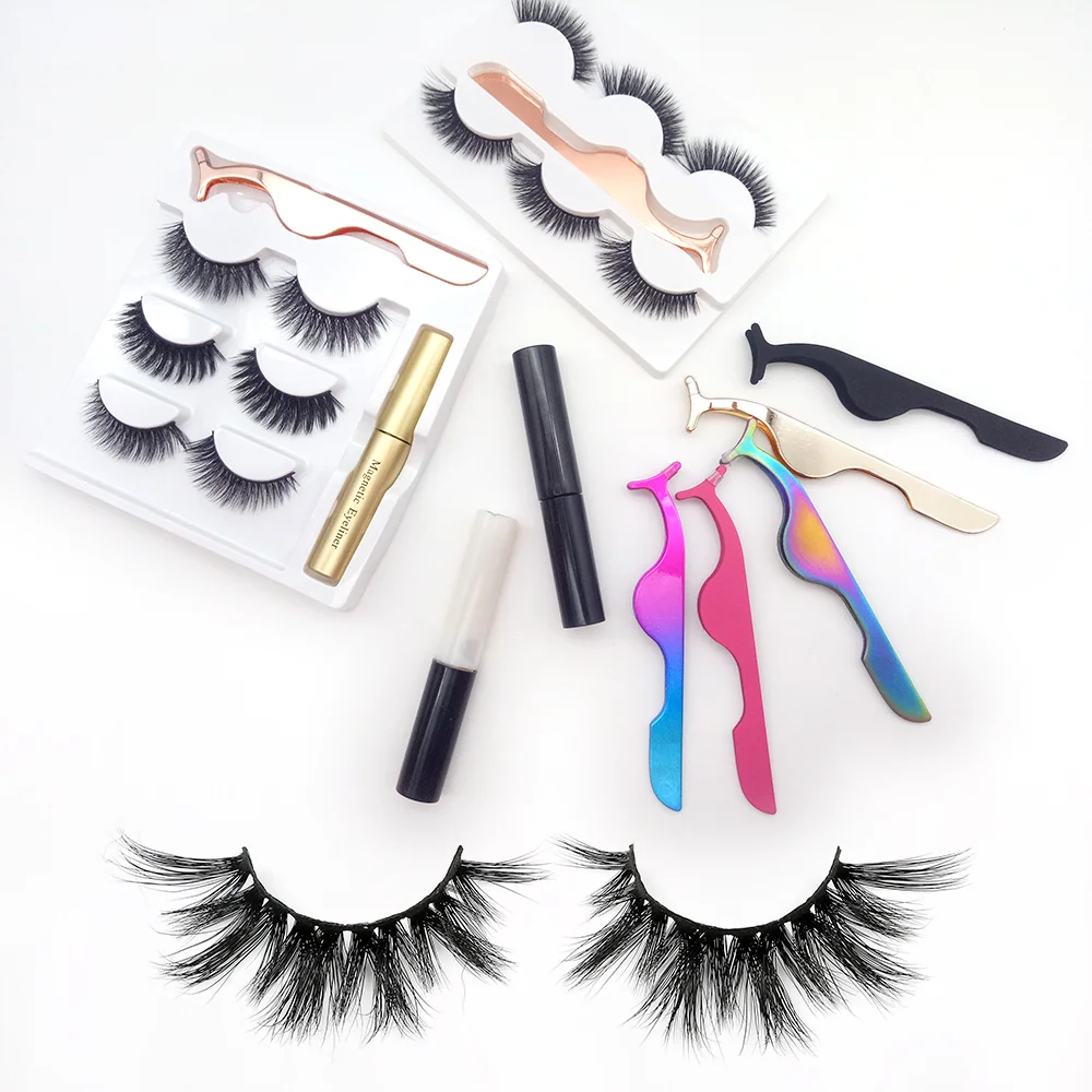 

3 Pairs Eyelash with Glue and Eyelash Tweezers Mink Eyelashes Private Label 3d Full Strip Lashes Fur Hand Made 20 Pairs Availabe