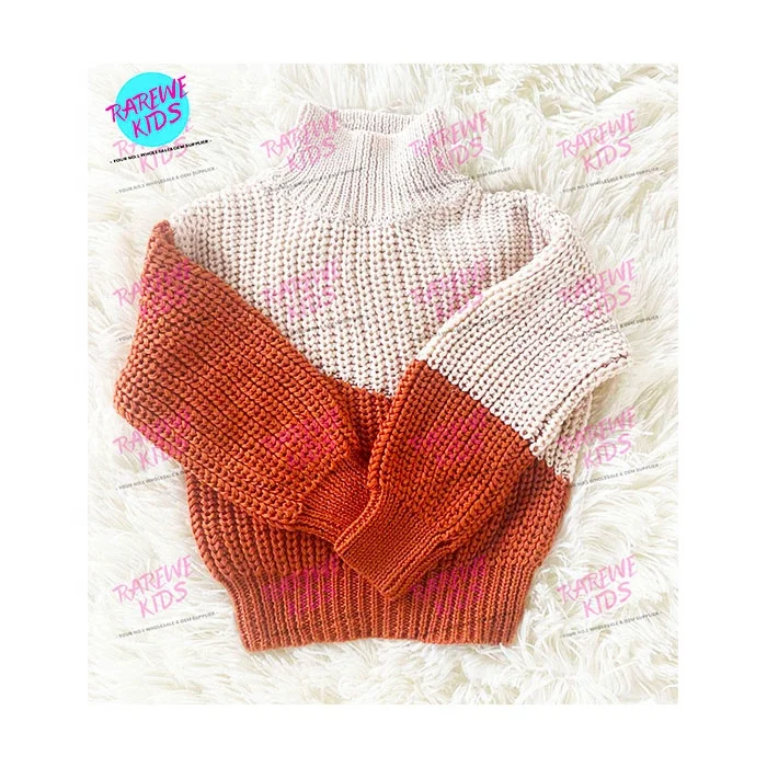 

Fall Winter Color Girls' Pullover Sweater Kids High Neck Orange/White Sweater For Girls, Creamy+orange