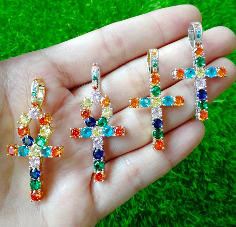 

Wholesale Iced Out Crystal Necklace With Colorful Cubic Zircon Diamond Cross Pendant For Women Ankh Necklace Jewelry, Rainbow , gold , silver