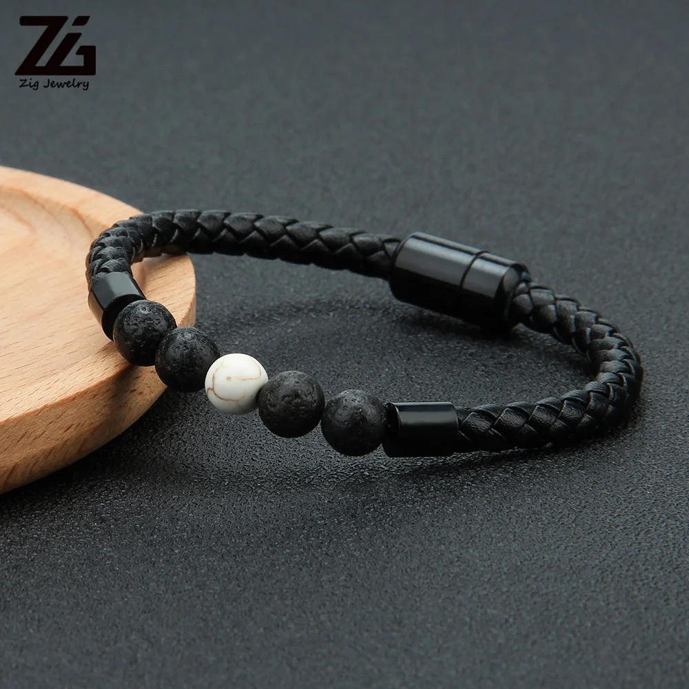 

Fashion Elegant Black Lava Bead Leather Bracelet Men, Customized color